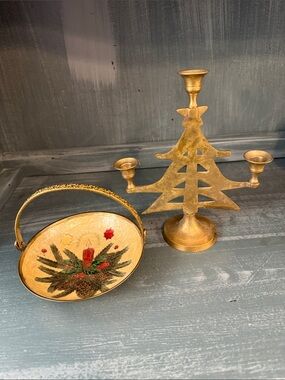 vintage cloisonné enamel brass Bowl and Christmas tree.